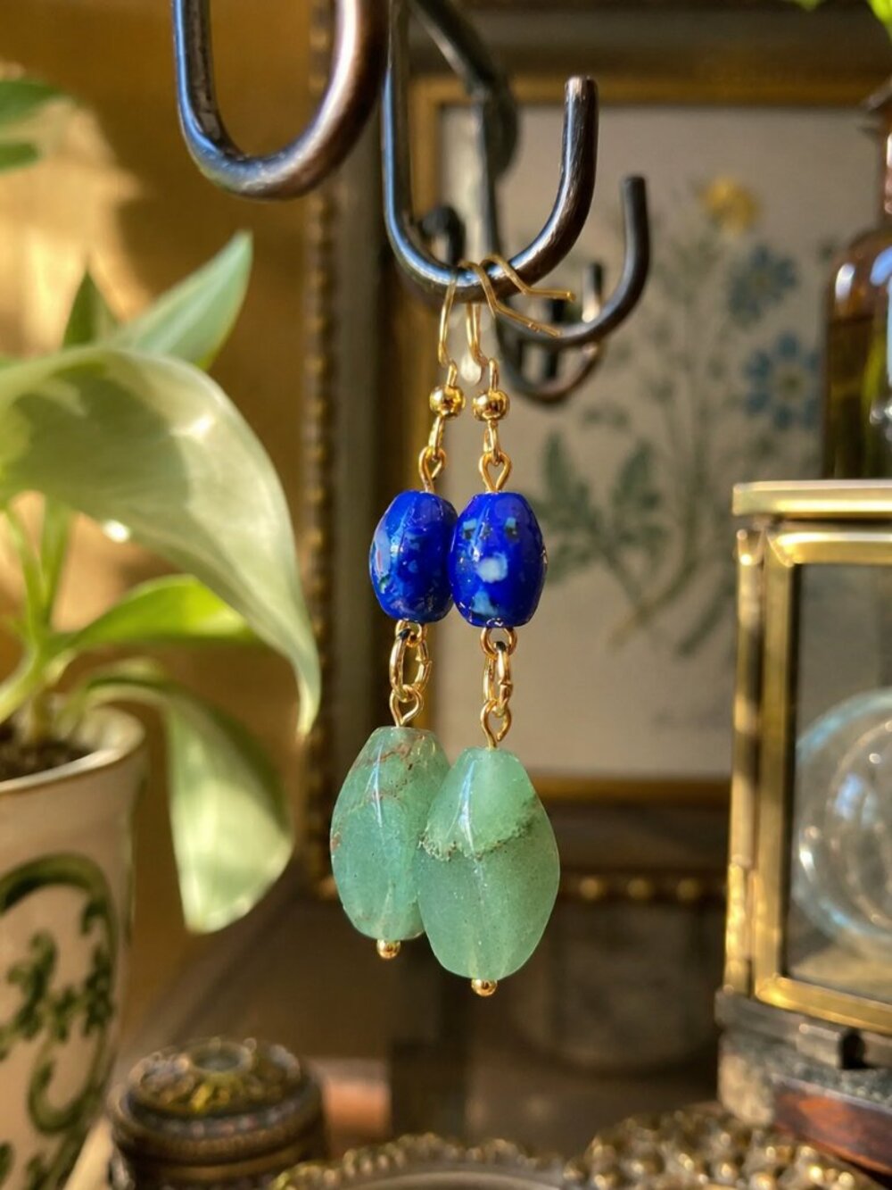 Boho Floral Lampwork & Aventurine Stone Earrings – 24k Gold Plated Stainless